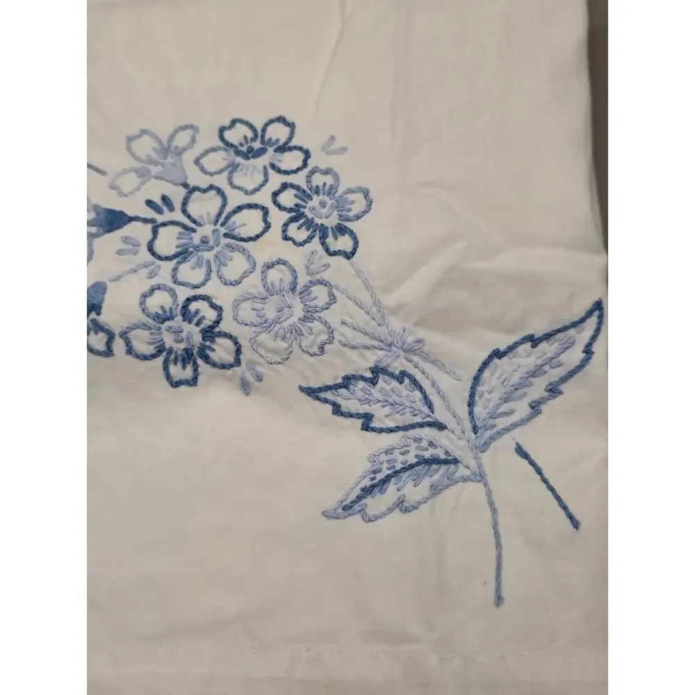 Vintage Embroidered His and Hers Pillowcases Blue Floral Crochet Trim Pair Set